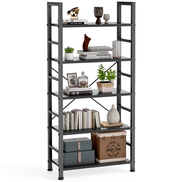 DUMOS 5 Tiers Bookshelf, Classical Book Shelf, Tall Display Shelves in Living Room/Home/Office, Storage Organizer for CDs/Books/Movies, Modern Black