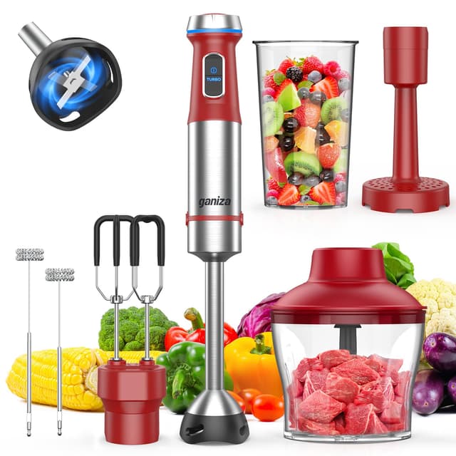 Ganiza Immersion Blender Handheld, 6 in 1 Hand Blender Stainless Steel Blade, 15 Speed Stick Blenders, 800ml Mixing Beaker, 600ml Chopper, Whisk, Frother, Potato Masher, Red