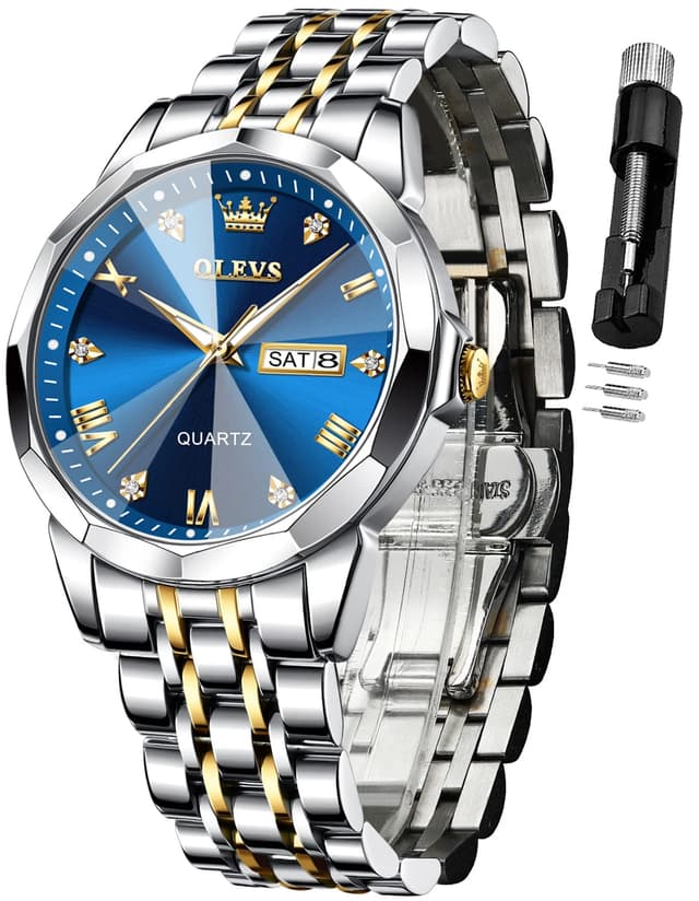 OLEVS Watch for Men Diamond Business Dress Analog Quartz Stainless Steel Waterproof Luminous Date Two Tone Luxury Casual Wrist Watch Blue Men