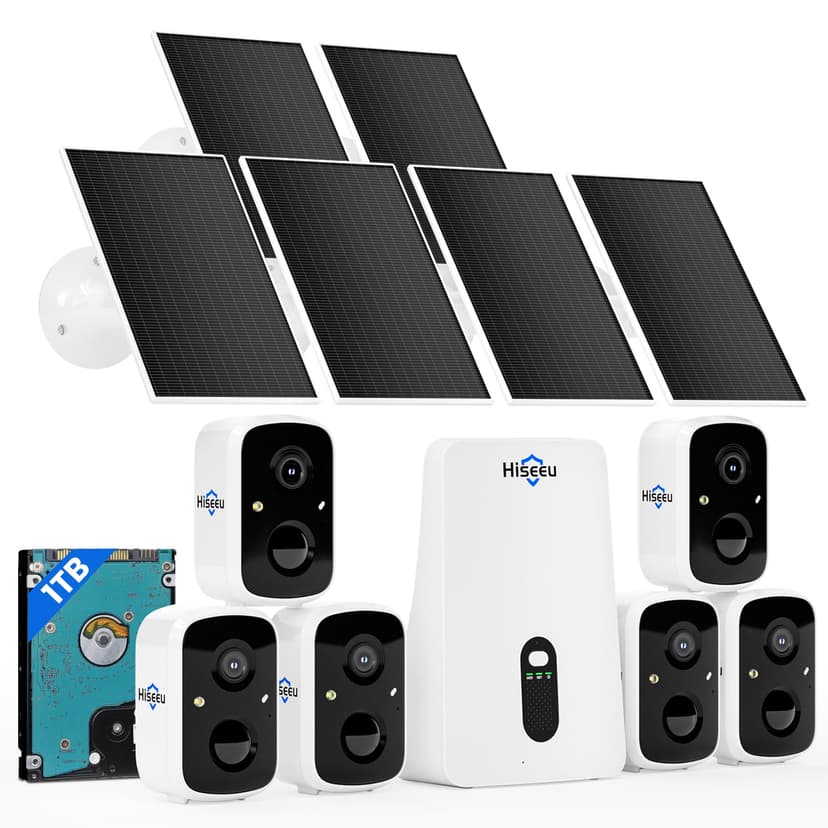 Hiseeu Solar Security Cameras Wireless Outdoor System, 6 Cam-Kit, Expandable to 10CH, No Monthly Fee, Solar-Powered, Home Security Cameras System with 2K Color Night Vision, 2.4G & 5G WiFi, 1TB HDD