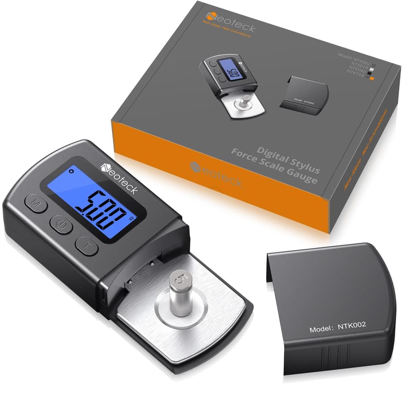 Neoteck Digital Turntable Stylus Force Gauge 0.01g/5.00g with Blue LCD Backlight Turntable Stylus Pressure Gauge with 5g Weight & Leather Case Accurate Tracking for Tonearm Phono Cartridge-Grey