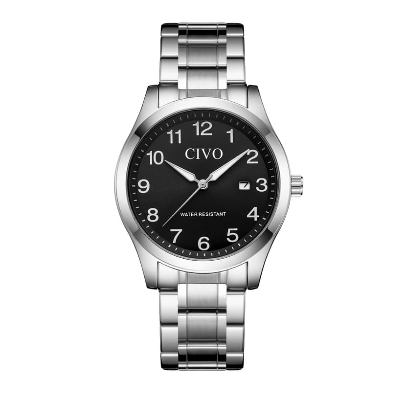 CIVO Easy Read Watches for Men: Waterproof Watch with Clear Black Dial Silver Stainless Steel - Analog Quartz Watch Luminous Hands Date for Office Workers Seniors Poor Eyesight - Gifts for Him