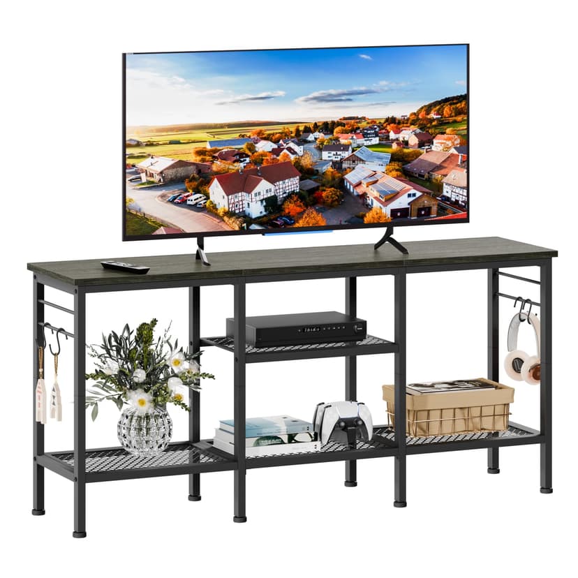 Furologee TV Stand for TVs up to 55 Inch, Entertainment Center with Open Storage Shelves, Media Console Table with Soundbar Shelf for Living Room, Bedroom, Black Oak