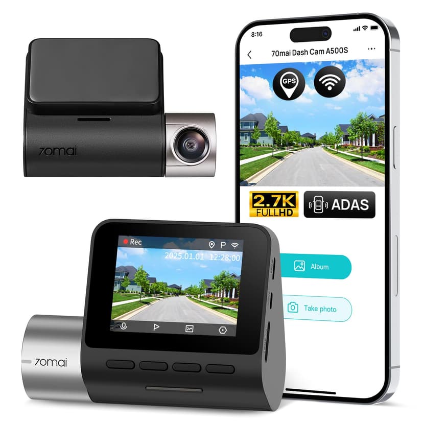 70mai 2.7K Dash Cam Front A500S, 1944P Dash Camera for Cars with Sony IMX335, Dashcam Built-in WiFi GPS, Optional Rear Dashcam, ADAS, 2'' IPS LCD Screen, 24H Parking Mode, WDR, Super Night Vision