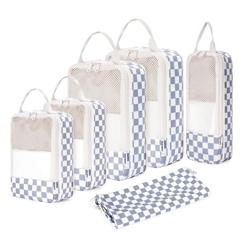 Narwey 6 Set Checkered Compression Packing Cubes for Travel Women Kids Carry on, Cute Packing Organizers Bag for Luggage Suitcase Backpack Duffle Bags (Grayish Blue Checkerboard)