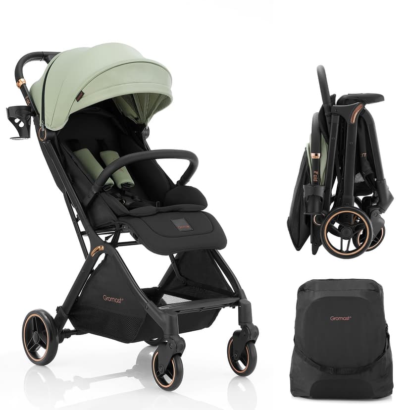 Gromast Gravity Folding Baby Stroller - Portable Travel Toddler Stroller w/Adjustable Backrest, Canopy & Cup Holder, Lightweight and UV Protected, One-Hand Automatic Folding - Green