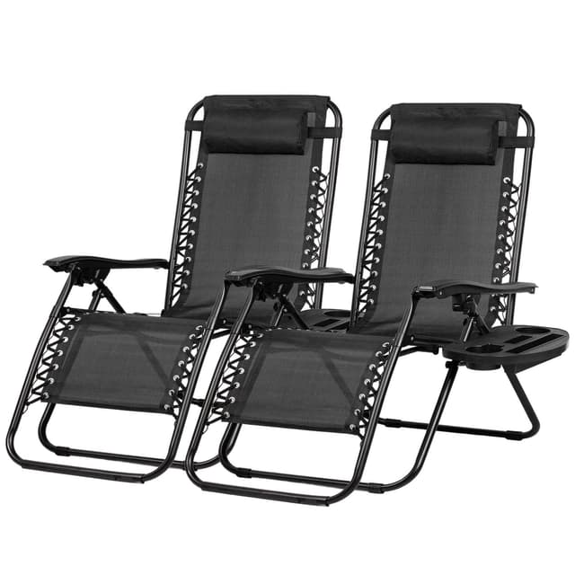 Nazhura Set of 2 Relaxing Recliners Patio Chairs Adjustable Steel Mesh Zero Gravity Lounge Chair Beach Chairs with Pillow and Cup Holder Black
