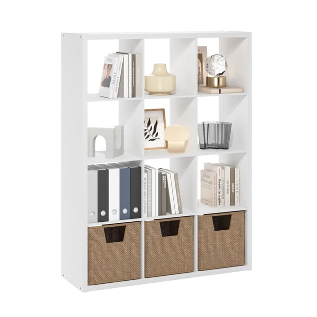 Furinno Cubicle Book Shelf, 12-Cube Bookshelf, Extra Thick Frame Reversible Bookcase with Open Back, 14.6" x 44" x 58", for Living Room, Bedroom, Home Office, White