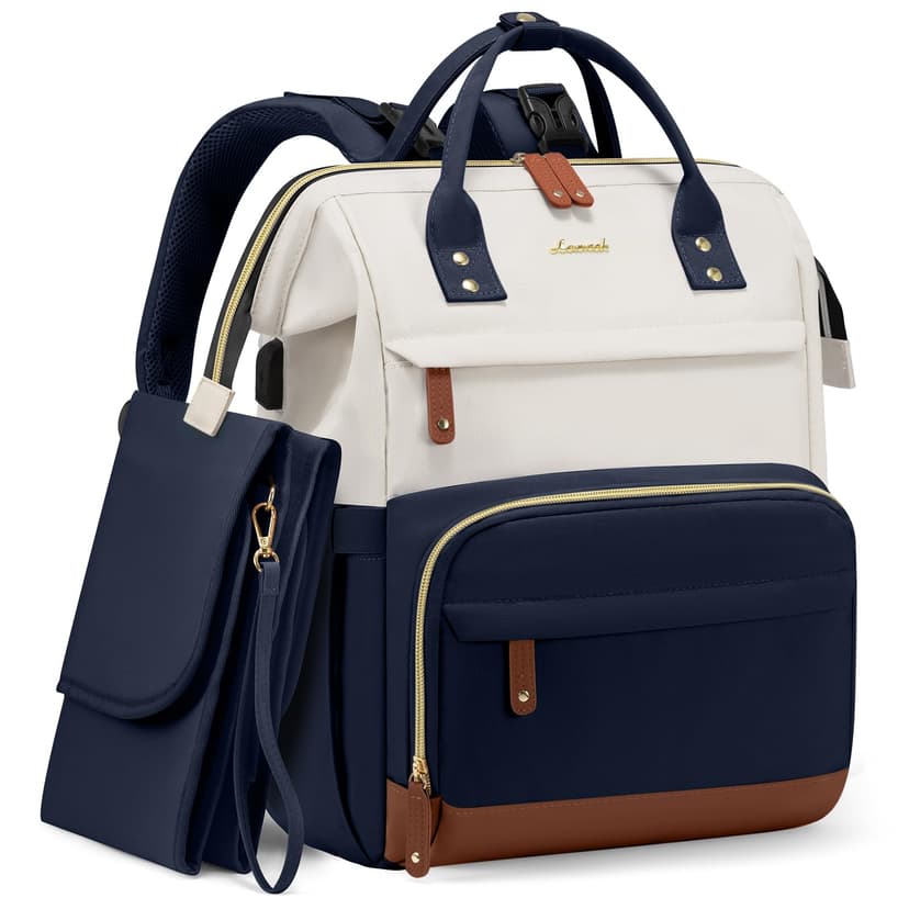 LOVEVOOK Diaper Bag Backpack, Baby Bag with Changing Station, Large Diaper Backpack for Mom Dads, Waterproof Leather Mommy Bag for Boy and Girl, Travel Essential Baby Shower, Navy Blue-Beige