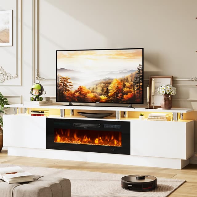 OneBlis 80" TV Stand & Media Console, Entertainment Center with Storage Shelves, Fits TVs up to 90", Modern Living Room Cabinet, 36" Electric Fireplace (White+Black)