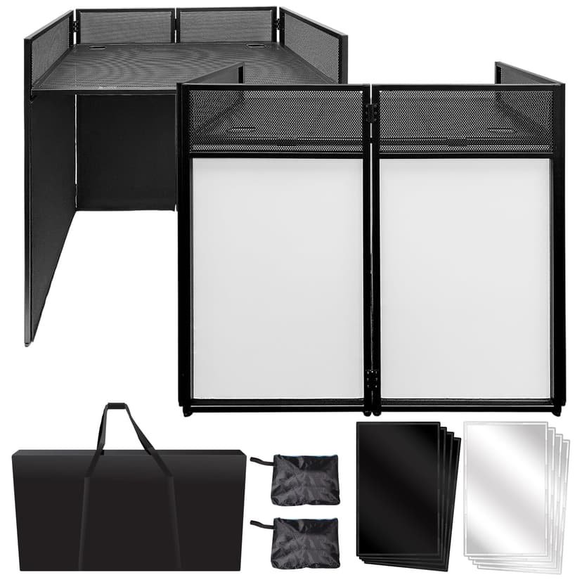 AxcessAbles Portable DJ Facade Booth with Black and White Lighting Scrims, Carry Cases | Standing DJ Table - 40" x 20" | DJ Controller Stand | Recording Mixer Stand | DJ Booth (ES-01)