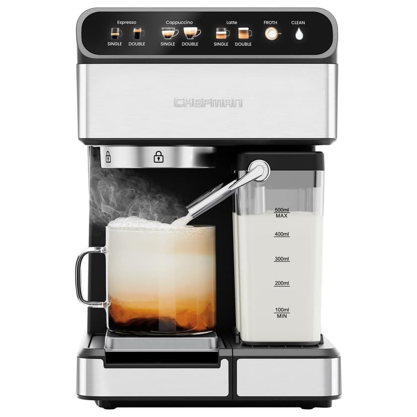 Chefman CaféMaster Pro Espresso Machine, Brew Single or Double Shots, Coffee Maker with Built-In Milk Frother for Cappuccino & Latte, XL 1.8 Liter Removable Water Reservoir - Stainless Steel