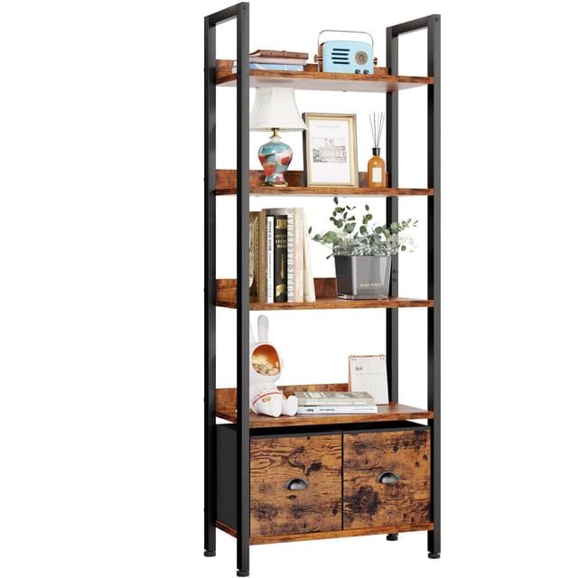 Furologee 5-Tier Bookshelf, Tall Bookcase with 2 Storage Drawers, Adjustable Industrial Display Standing Shelf Units, Wood and Metal Storage Rack for Living Room, Bedroom, Home Office Rustic Brown