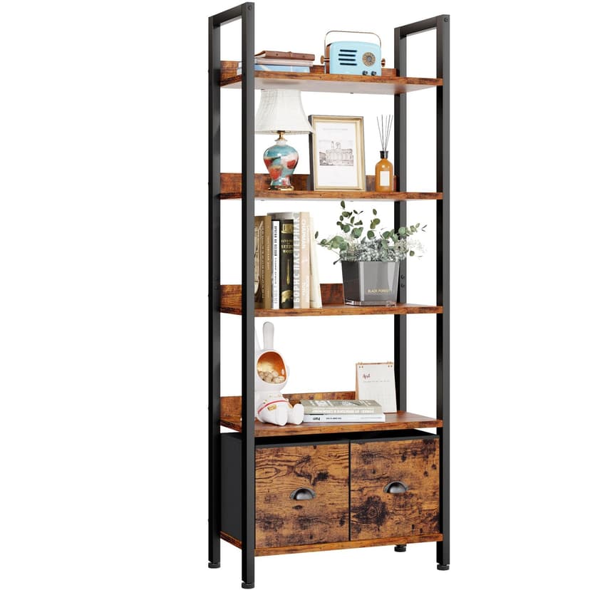 Furologee 5-Tier Bookshelf, Tall Bookcase with 2 Storage Drawers, Adjustable Industrial Display Standing Shelf Units, Wood and Metal Storage Rack for Living Room, Bedroom, Home Office Rustic Brown