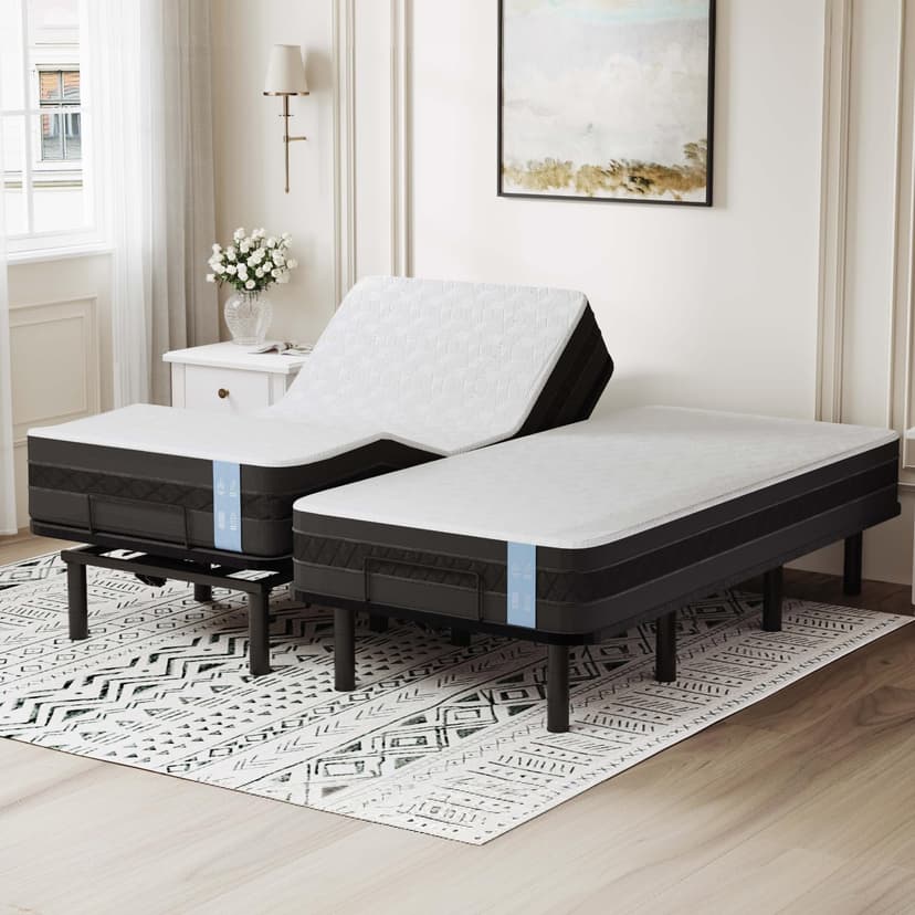 FLEXISPOT Adjustable Bed Frame Base Split King + 10" Cooling Gel Memory Foam Mattress, Massage, Head and Foot Incline, Zero Gravity, Zero Clearance, Under-Bed Lights, Anti-Snore, Wireless Remote