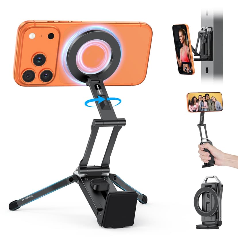 OMOTON TP02 360°Rotating for MagSafe Tripod, Adjustable Aluminum Magnetic Phone Tripod for iPhone 17/16/15/14 Pro Max Air, Foldable Cell Phone Stand Fits Vlog, Gym, Travel Essentials Accessories