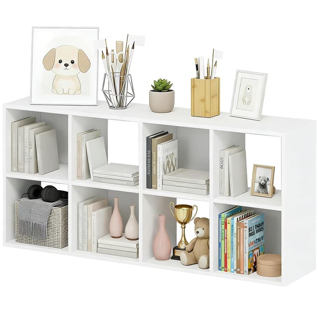 8-Cube Storage Organizer, White Bookshelf with Open Compartments for Home Office, Modern Bookcase Display Shelf for Living Room, Bedroom & Entryway
