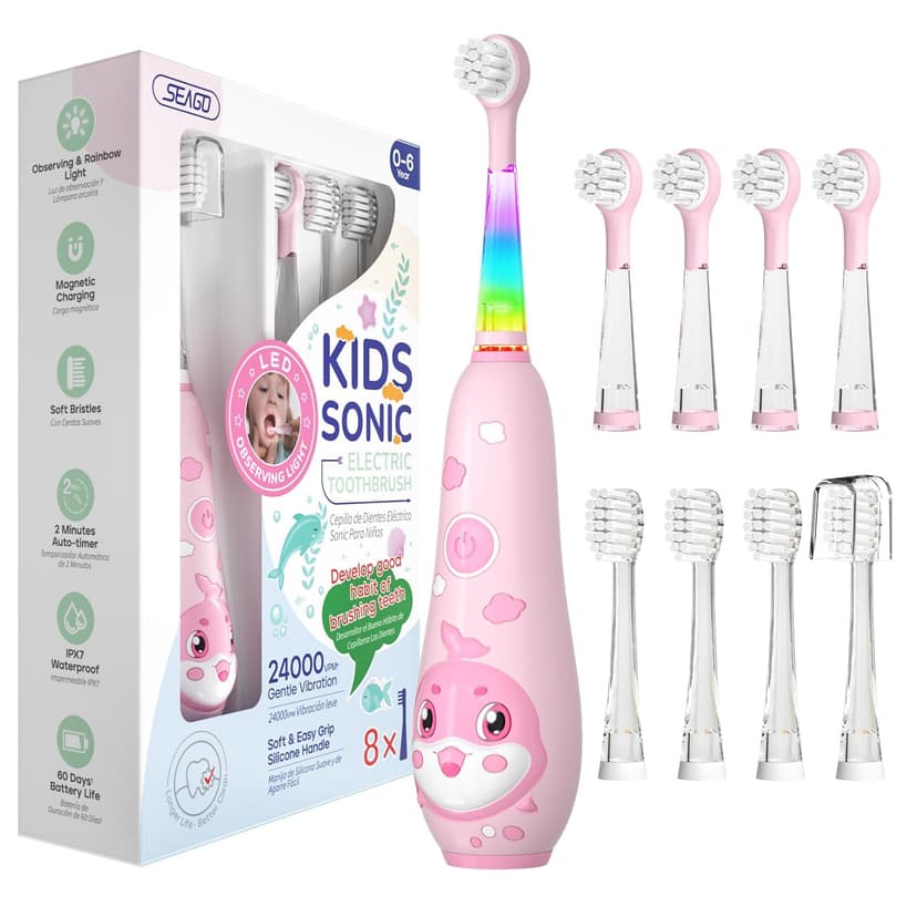 SEAGO Kids Electric Toothbrushes Rechargeable, Toddler Electric Toothbrush with Magnetic Charging, LED Observing Light, 8 Toothbrush Heads for Ages 2-4-6 Boys Girls (Pink)