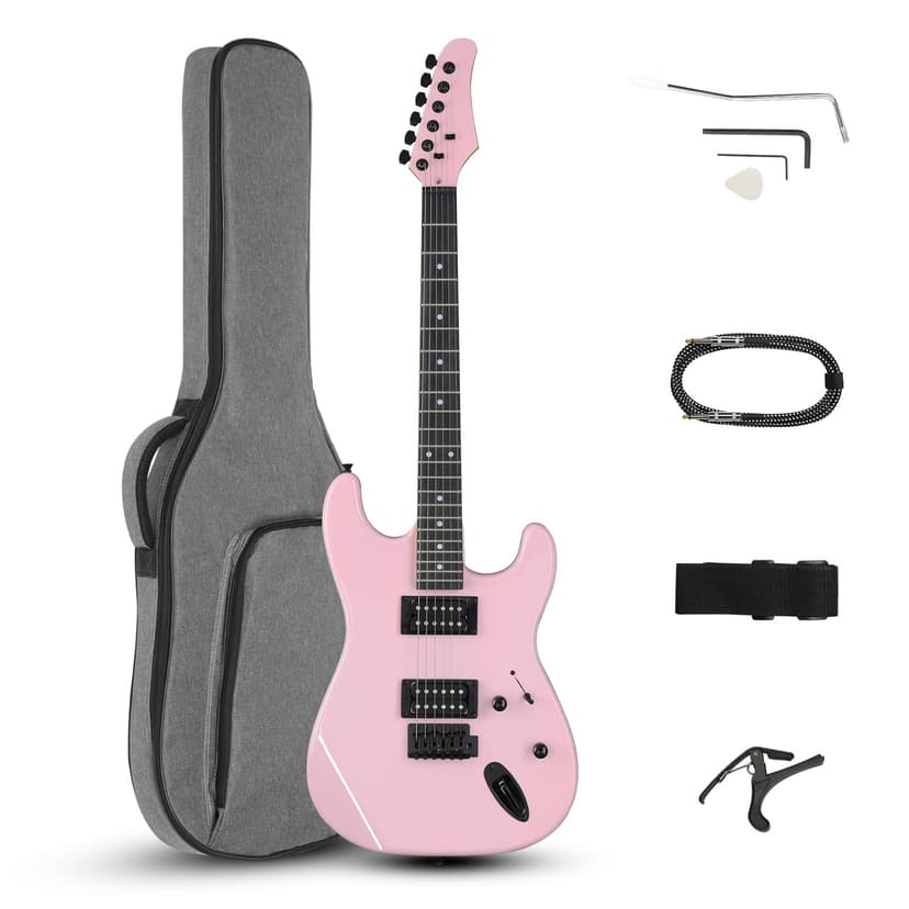 Ktaxon 39 Inch Electric Guitar, Full Size Solid Body H-H Pickups 6 Strings Beginner Guitar Kit With Upgrade Cable & Guitar Capo, Tremolo Arm, Gig Bag & Strap (Pink)
