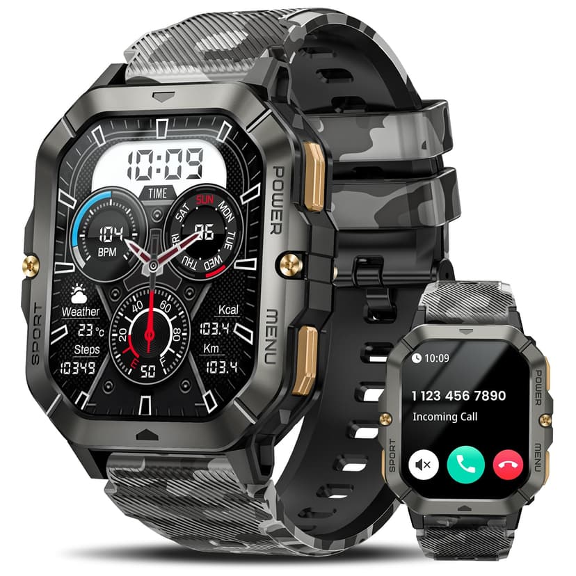 Military Smart Watches for Men (Answer/Make Calls), Watches for Men with Blood Pressure/Heart Rate/Sleep/100+ Sport Modes, 2.02'' Fitness Smart Watch, Waterproof Fitness Tracker for Android and iPhone