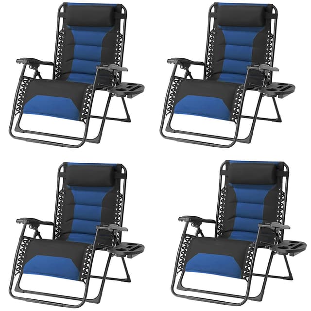 Foristrail Zero Gravity Chair Set of 4 Oversized Folding Recliner, Padded Anti Gravity Lounge Chair with Adjustable Pillow & Cup Holder for Outdoor Camping, Patio, Poolside, Lawn (Black & Blue)
