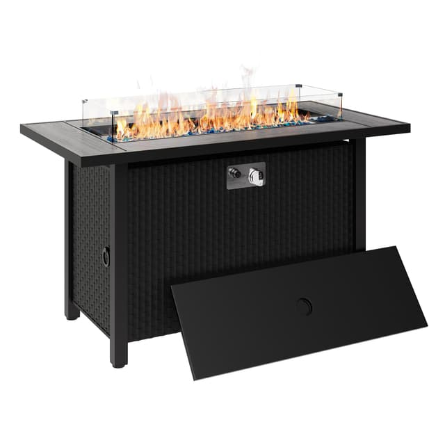 Walsunny 45 inch Outdoor Propane Fire Pit 50,000 BTU Gas Fire Pit Table with Lid, Glass Wind Guard, Waterproof Cover, Rectangle Gas Firepit Table for Garden/Patio, CSA Certification