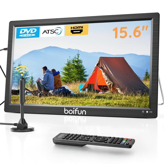 Boifun 15.6" Portable TV with Antenna, DVD Player Built-in, FM Radio, 5000mAh Battery, Support HDMI Input/USB/TF/AV Out and Multiple Disc Formats, Small TV DVD Combo for Camping Patio RV Kitchen,Black