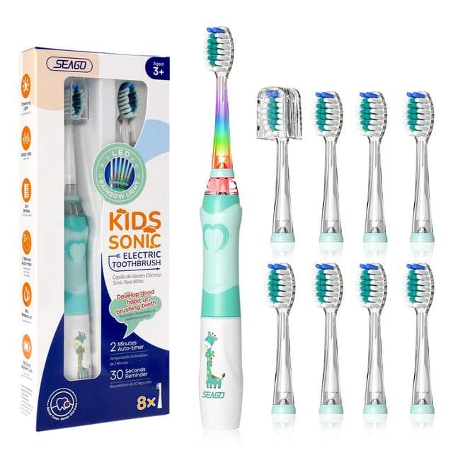 SEAGO Kids Electric Toothbrush with 2 Mins Brushing Timer and 8 Replacement Bursh Heads,Rainbow LED Light Make Brushing Fun, Blue Color Boys Battery Powerd Toothbrush for 4-12 Years Old
