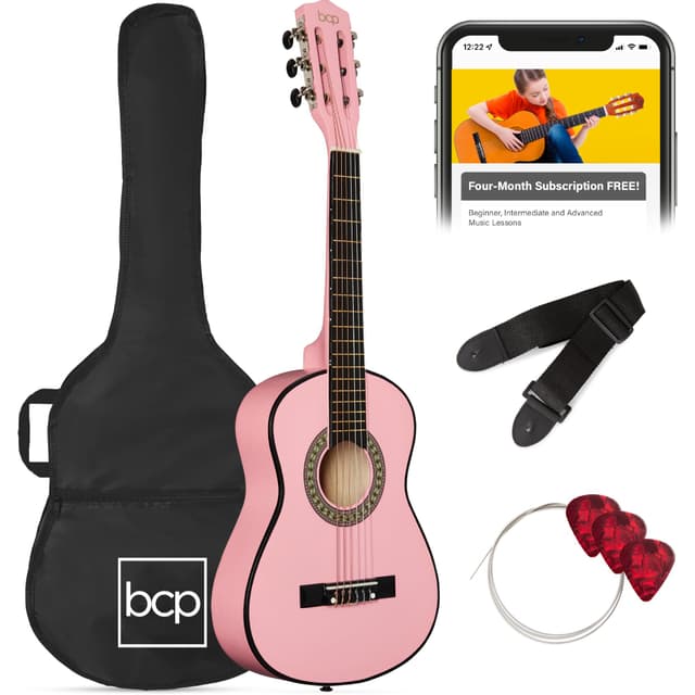Best Choice Products 30in Kids Acoustic Guitar, All-in-One Beginner Starter Kit w/Strap, Case, Extra Strings, Rosette Inlay - Pink