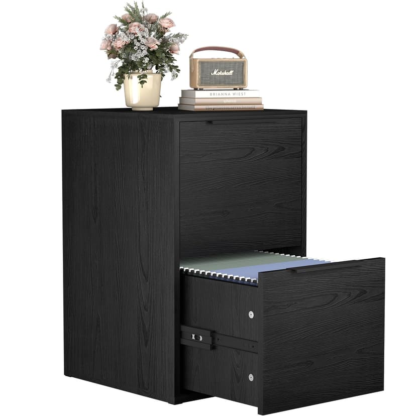 FATIGOS Two Drawer File Cabinet, Black Wood Filing Cabinets for Letter Size/Hanging Files, Small Under Desk File Cabinets for Home Office, Assembly Required