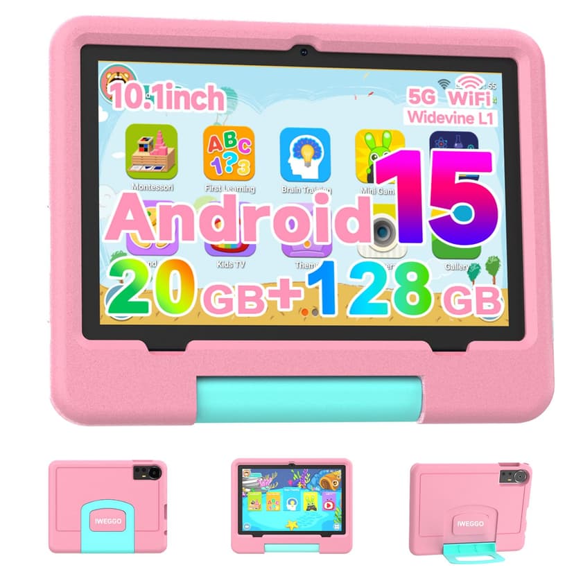 IWEGGO Android 15 Kids Tablet with EVA Case, 10 inch Tablet for Kids, 20GB RAM+128GB ROM/MAX 2TB, 1280 * 800 IPS HD Eye-Care Touch Screen, 2.0GHz Quad-core Toddler Tablets, 5G WiFi6, Widevine L1 Pink