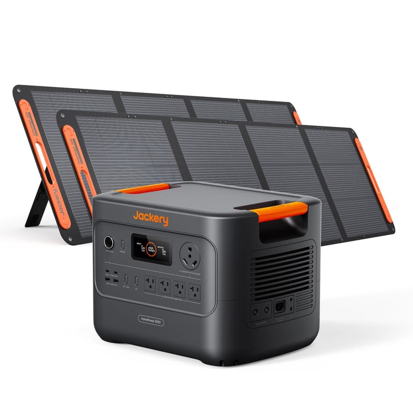 Jackery HomePower 3000 Portable Station with 2X 200W Panels, 3600W (7200W Surge), 3072Wh LFP Battery, USB-A/C, Home Backup, RV & Emergencies, Grey