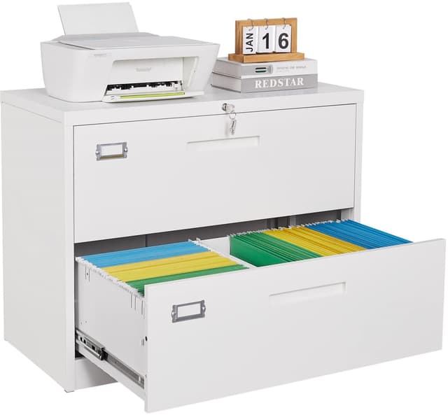 2 Drawer Lateral File Cabinet with Lock,White Lateral Filing Cabinet,Horizontal Metal Filing Cabinets,Locked Wide File Cabinets for Office Home,Fit A4/F4/Letter/Legal File,-Assembly Required