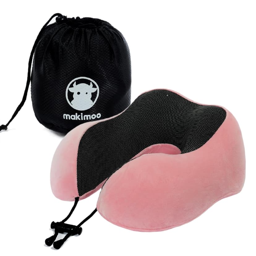 Makimoo Memory Foam Travel Pillow, Neck Pillow with 360-Degree Head Support, Comfortable and Lightweight, Ideal for Sleeping on Airplane, Car, Train, Bus and Home Use, Comes with Storage Bag (Pink)