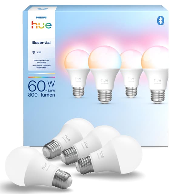 Philips Hue Essential Smart LED A19 Bulb, White and Color Ambiance, E26 Base, 8.8W, 2200K-6500K, 800 Lumens, Dimmable, Works with Alexa, Google, and Apple Home, 4-Pack