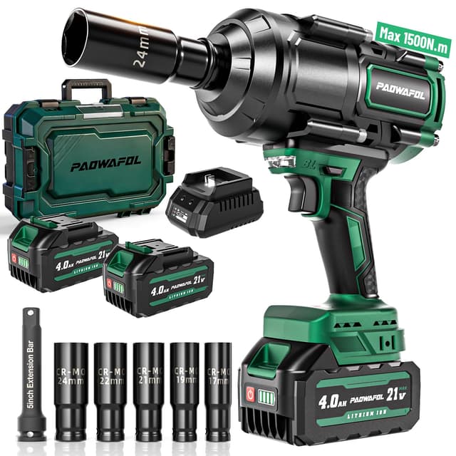 PAOWAFOL 2026 New Upgrade 1500N.m(1106ft-lbs) Impact Wrench, High Torque 1/2 Impact Gun with 21V 2x4.0AH Battery, Fast Charger & 5 Sockets, 3500IPM Brushless Impact Driver for Home Car Truck Tires