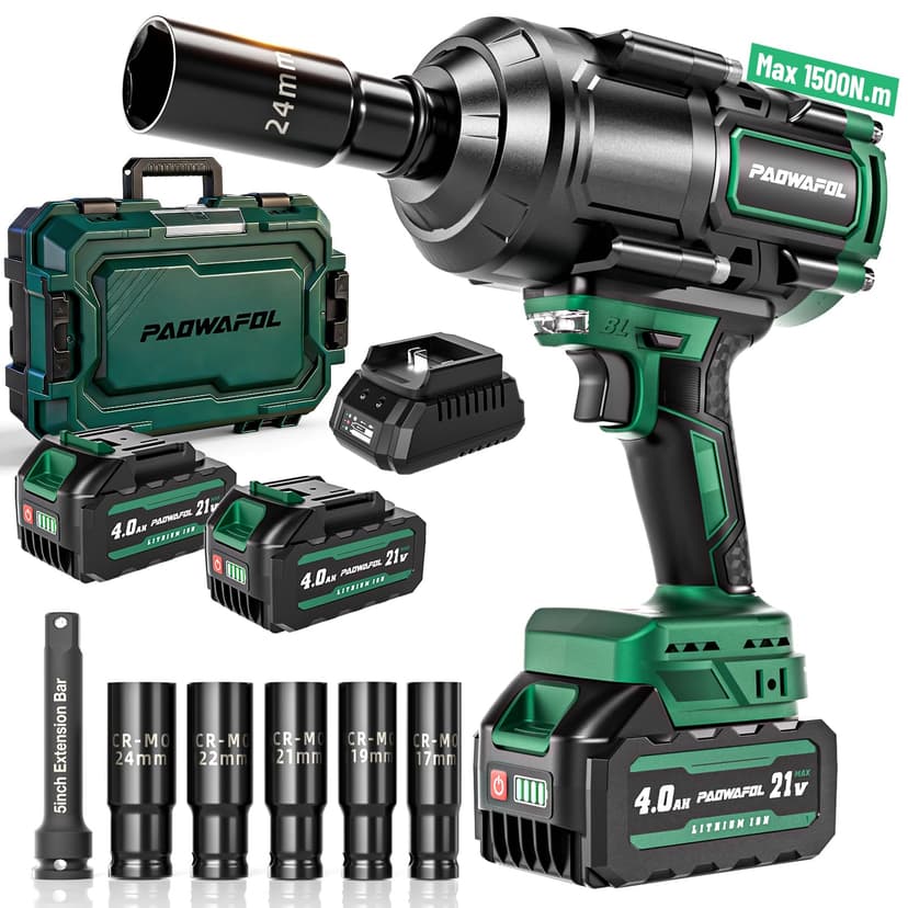 PAOWAFOL 2026 New Upgrade 1500N.m(1106ft-lbs) Impact Wrench, High Torque 1/2 Impact Gun with 21V 2x4.0AH Battery, Fast Charger & 5 Sockets, 3500IPM Brushless Impact Driver for Home Car Truck Tires