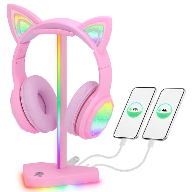 RGB Headphones Stand with 1 USB-C Data Transmission& 3 Type-C Charging Port, Desk Gaming Headset Holder with 7 Light Modes and Non-Slip Rubber Base (Pink)