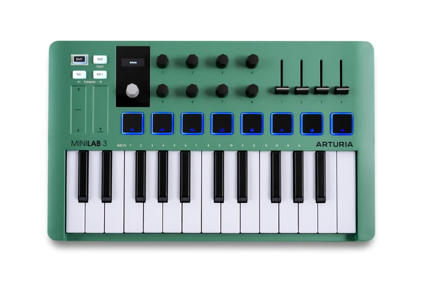 Arturia MiniLab 3 — Limited Edition Mint Green 25 Key USB MIDI Keyboard Controller With 8 Multi-Color Drum Pads, 8 Knobs and Music Production Software Included
