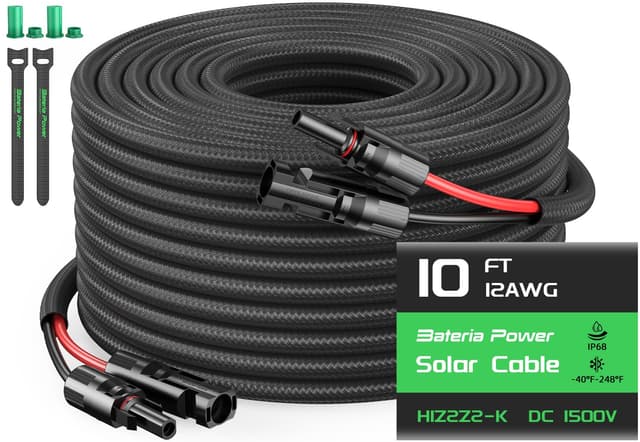 10FT Twin Wire Solar Panel Extension Cable, 12 Gauge PV Wire with IP68 Female & Male Waterproof Connectors, Flame Retardant Protective Sleeving and Dust Caps for Home, RV, Photovoltaic Systems