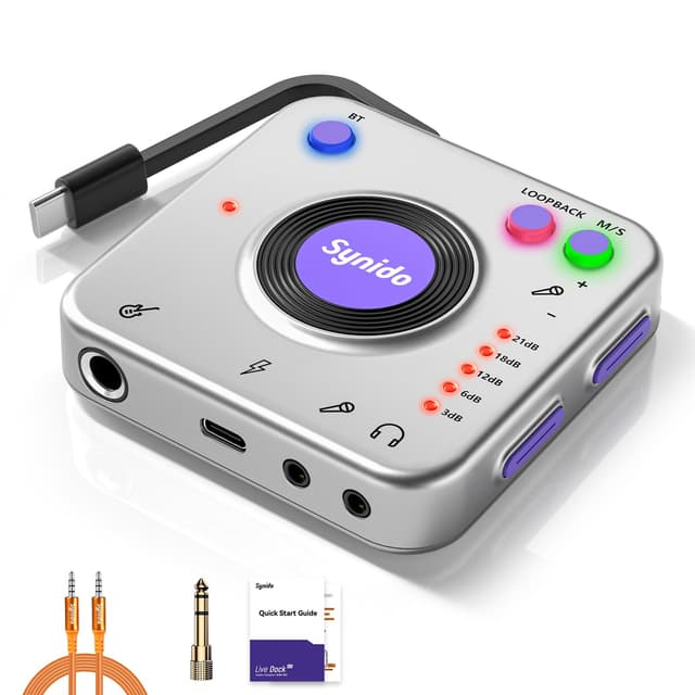 Synido Portable Guitar Audio Interface, 24-bit/96kHZ Audio Adapter with USB-C, Inst./Headphone Ports for Live Streaming, Music Recording Equipment for iPad/iPhone/Android/Mac/PC/Laptop, (A20)