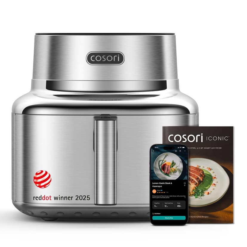 Cosori Iconic Stainless Steel 6.5 Qt Smart Air Fryer, PFAS-Free Ceramic Coating, Max 450°F, Consistent Cooking, Air Fry, Roast, Bake, Dry, Proof, Reheat, Dishwasher-Safe Basket, Chef-Crafted Recipes