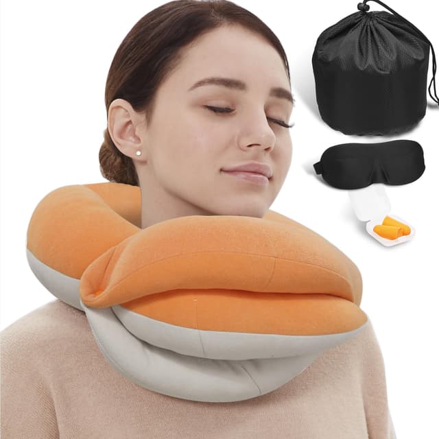 BUYUE Travel Neck Pillows for Airplanes, 360° Head Support Sleep for Long Flight, Skin-Friendly & Breathable, Kit with 3D Contoured Eye Mask, Earplugs and Storage Bag (Adult, Orange, 90+ lbs)
