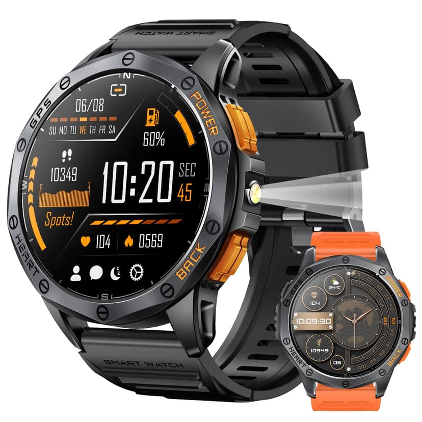Military Smart Watches Built-in GPS, 170+ Sport Modes for Men with Flashlight, Smartwatch for Android Phones and iPhone, 1.43" AMOLED Screen Bluetooth Call Compass Altimeter (Black & Orange (2 Bands))
