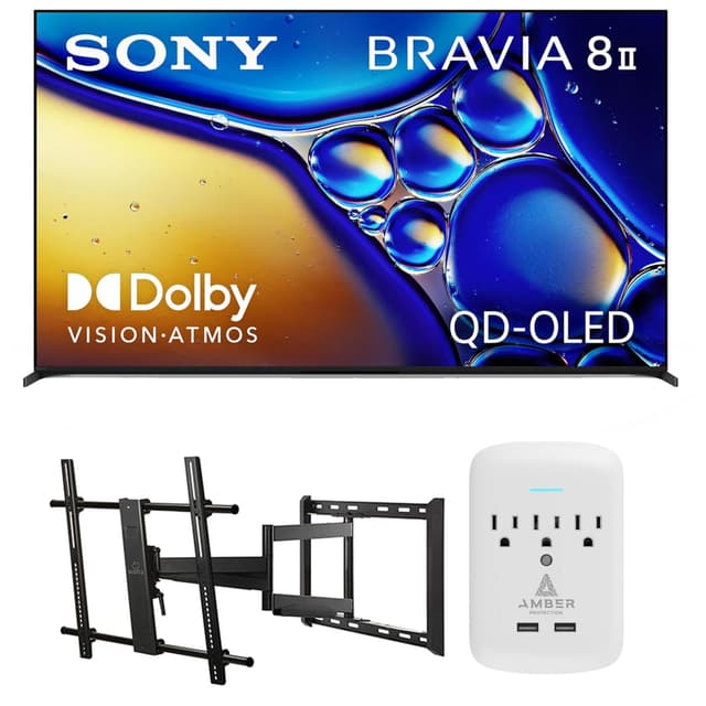SONY K55XR80M2 55 Inch Bravia 8 QD-OLED 4K HDR Google TV with a Walts Large/Extra Large Full Motion Mount for 43"-90" TVs and Amber Protection 3-Outlet-Surge Surge Protector (2025)