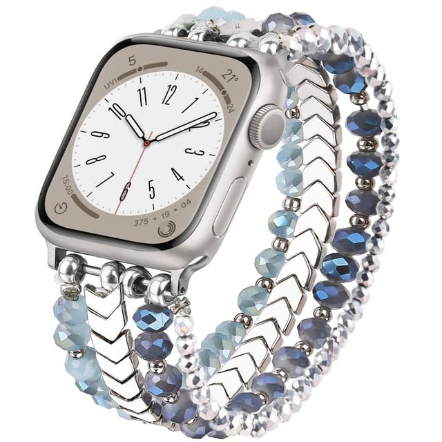 MOFREE Beaded Bracelet Compatible with Apple Watch Band 38mm/40mm/41mm/42mm, Fashion Elastic Stretch Women Bands for iWatch Series 11/10/9/8/7/SE/6/5/4/3/2/1 iPhone Watch Strap Bands (Blue/Silver)