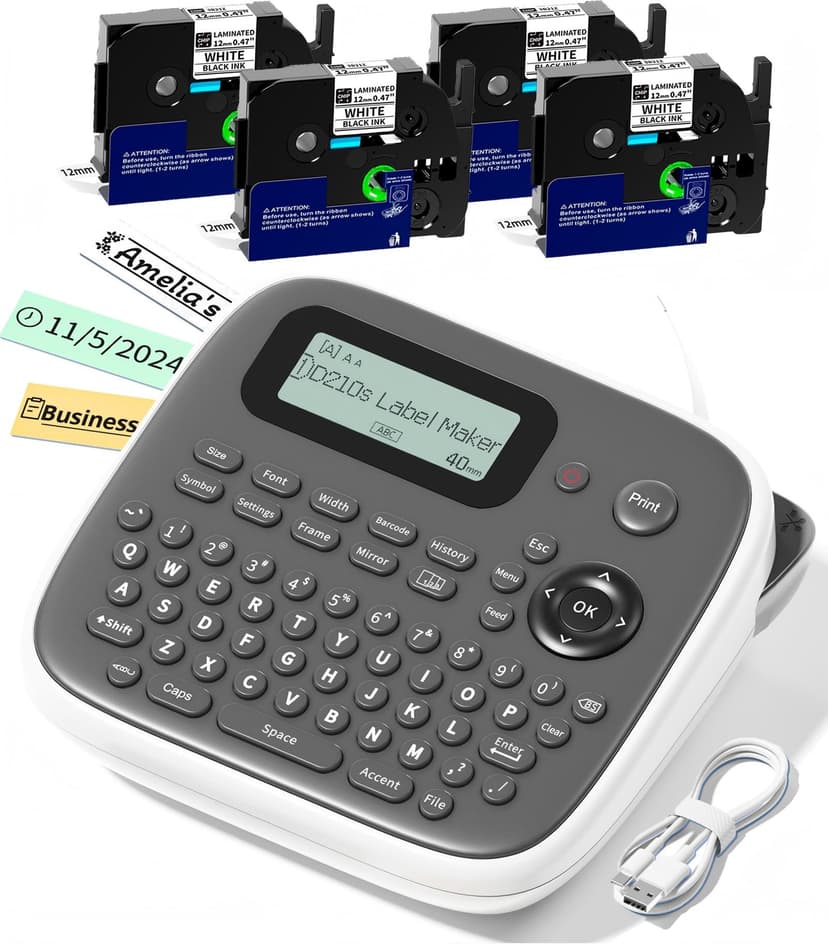 VolenGo D210s Label Maker Machine with 4 Tapes, Label Maker Waterproof-Labels Bundle, Labeler Machine with Tapes 12mm 0.47 Laminated White, Inkless Labeling Machine for Office & School Supplies