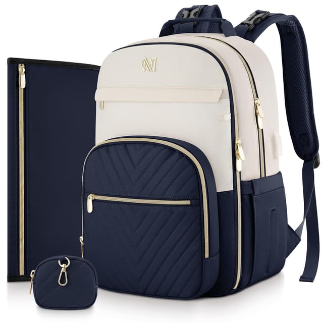 MOMUVO Diaper Bag Backpack, Quilted Baby Bag with Changing Pad & Stroller Straps & Pacifier Case, Large Travel Diaper Bags for Mom Dad, Blue Beige