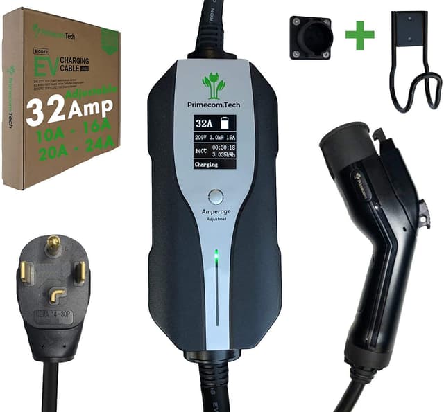 PRIMECOMTECH Primecom.Tech Level 2 Electric Vehicle (EV) Charger Amperage Adjustable (10Amp - 16Amp - 20Amp - 24Amp - 32Amp) 30Ft Cable EVSE Plug-in Hybrid (50 FT, 14-30P)