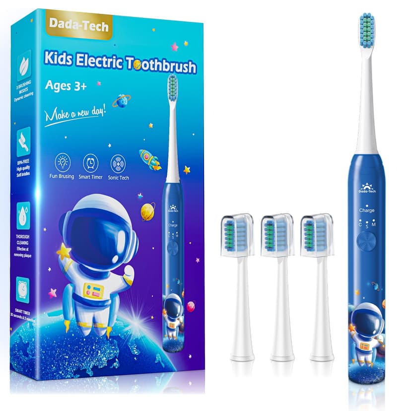 Electric Toothbrush Kids Age 3-5-7-8-12 Year Old, Childrens Electric Toothbrush Rechargeable with Timer 3 Modes 4 Vibrating Heads Habit Stickers 31000VPM Boys Electric Tooth brush (Astronaut Blue)